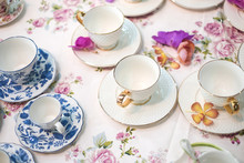 Empty Tea Cup Setting On The Table For Party - Soft Focus