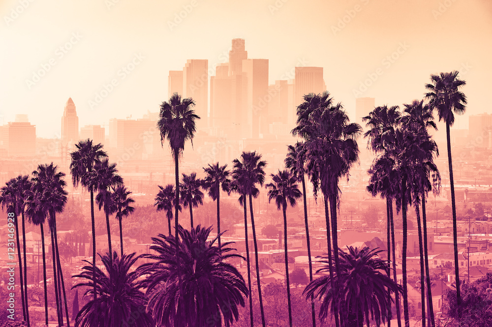Los Angeles skyline with palm trees in the foreground - obrazy, fototapety, plakaty 
