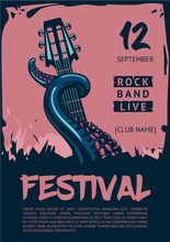 Music Poster Template For Rock Concert. Octopus With Guitar.