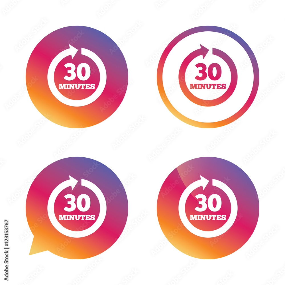 Every 30 minutes sign icon. Full rotation arrow.
