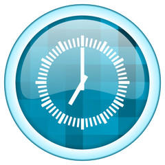 Poster - Blue round vector clock icon on white background with lightblue border and white symbol over glossy button structure
