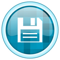 Poster - Blue round vector save icon on white background with lightblue border and white symbol over glossy button structure