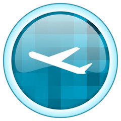 Aufkleber - Blue circle vector airport icon. Round internet glossy airplane button. Web design graphic element. 