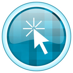 Fototapete - Blue circle vector click here icon. Round internet glossy arrow button. Web design graphic element. 