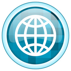 Aufkleber - Blue circle vector globe icon. Round internet glossy earth button. Web design graphic element. 