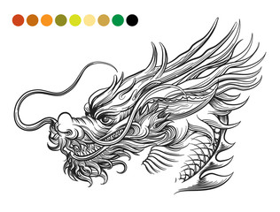 Wall Mural - dragon coloring page template with swatches of colors. vector illustration