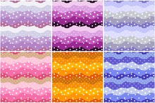 Polka Dot And Waves. Frills. Set Of  Cute Seamless Patterns In Color Of Petal Of Flowers Potato, Iris, Bluebell, Clover, Marigold, Morning Glory .