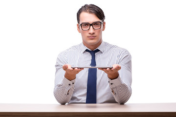 Handsome businessman working with tablet computer isolated on wh