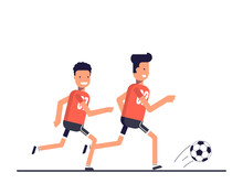 Two Football Players Running After The Ball. Team Play. Training Or Playing Sports. The Competition On The Game Of Football. Happy Athletes. Vector Illustration In A Flat Style.