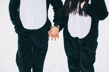 Winter Love Story, A Beautiful Young Couple In Suits Pandas