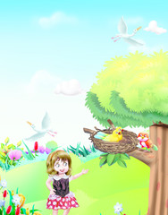 Sticker - Girl near a nest of birds