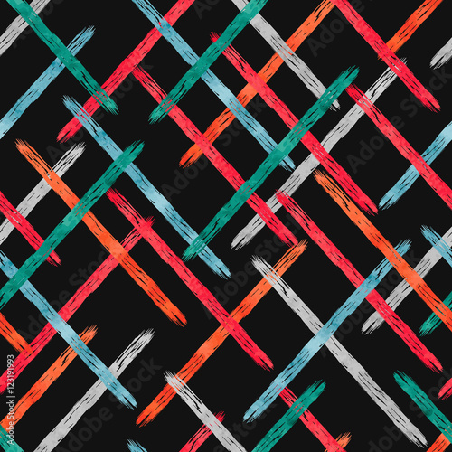 Abstract seamless pattern with colorful watercolor stripes on dark. Vector ba...