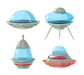 Cartoon alien spaceship, spacecrafts and ufo vector set
