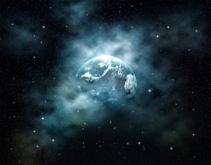 Wall Mural - planet earth with sun rising in outer space at star field