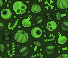 Green Halloween Seamless Pattern Background With Spider, Skull, Pumpkin, Candy, Bones And Eye