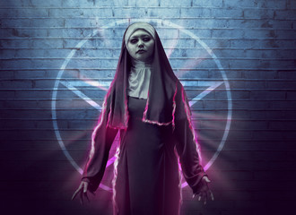 Scary asian nun showing spell power