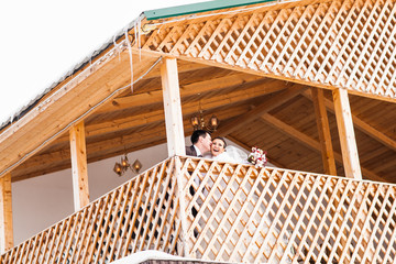 Wall Mural - Newlyweds couple on their winter wedding