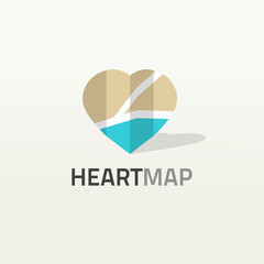 Poster - Heart shaped map logo vector illustration isolated, city love place logotype, concept of travel dating flat style design