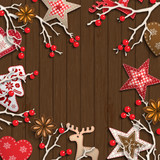 Fototapeta Na drzwi - Abstract christmas background, dry branches with red berries and small scandinavian styled decorations lying on wooden desk, illustration