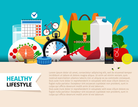 Healthy lifestyle concept. Training equipment and fitness clothes for sport activity vector illustration