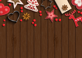 Canvas Print - Christmas background, small scandinavian styled decorations lying on brown wooden backdrop, illustration