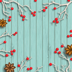 Wall Mural - Christmas background in rustic style, dry branches with red berries on blue wooden desk, illustration