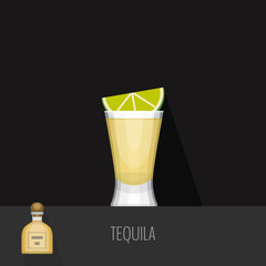 Wall Mural - Glass of tequila with lime on black background. Flat design styl