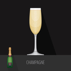 Wall Mural - Glass of champagne on black background. Flat design style, vecto