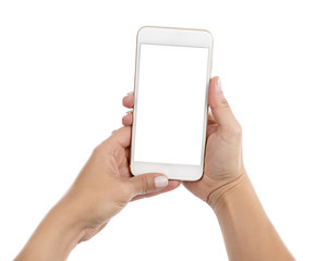 Wall Mural - female hand holding mobile smart phone with blank screen isolated on white background.