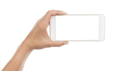 taking photo with mobile smart phone isolated on white background with clipping path for the screen