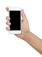 Wall Mural - isolated female hand holding a phone with black screen.