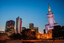 Illuminated Palace Of Culture And Science In Warsaw, Poland