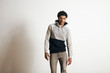 © BublikHaus - Young sexy athlete wears blank grey black hoodie sweater and distressed jeans isolated on white