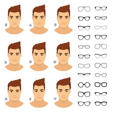 Eyeglasses Shapes For Men. Types Of Eyeglasses For Different Man Face - Square, Triangle, Circle, Oval, Diamond, Long, Heart, Rectangle. Vector Icon Set. All Glasses With Transparent Glass.