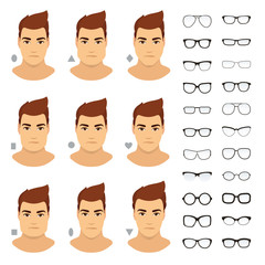 Eyeglasses shapes for men. Types of eyeglasses for different man face - square, triangle, circle, oval, diamond, long, heart, rectangle. Vector icon set. All glasses with transparent glass.