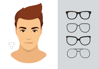 Man sunglasses shapes for triangle man face type. Various forms of summer glasses for heart face. Fashion collection. Vector icon set.