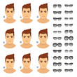 Sunglasses shapes for man. Types of sunglasses for different man face - square, triangle, circle, oval, diamond, long, heart, rectangle. Vector icon set. All sunglasses with transparent glass.