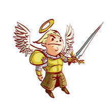 Colorful Vector Illustration Of A Cartoon Archangel With A Golden Armor And A Crystal Sword