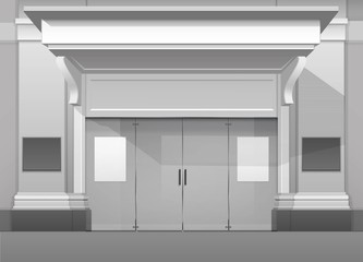 Wall Mural - Vector Classic Shop Boutique Building Store Front with Closed Glass Front Door, Columns, Roof  Visor and Place for Name Isolated on White Background