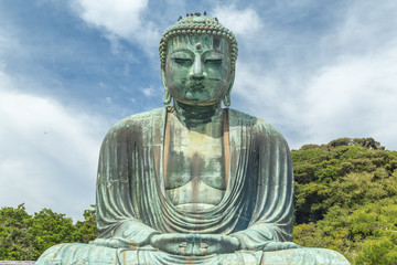 The Great Buddha in Kamakura Japan.There are pigeon to Buddha's head.