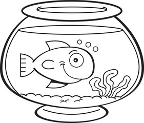 Black and white illustration of a fish in a fish bowl.