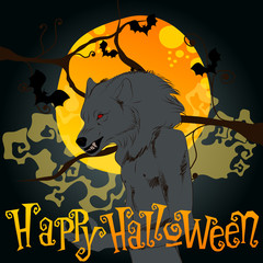 Wall Mural - Halloween illustration with werewolf and full Moon