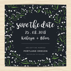 Wall Mural - Save the date, Wedding invitation card with wreath flower template in navy blue color background template. Vector illustration.