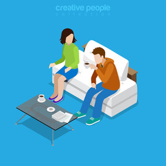 Wall Mural - Flat isometric man woman talk sit coffee vector. 3d family life.