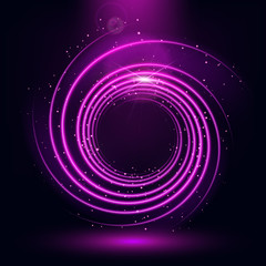Poster - Glowing neon spiral galaxy on a purple background. Abstract space image. Chaotic glowing particles. Background for design projects.