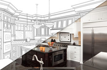 Diagonal Split Screen Of Drawing And Photo Of New Kitchen