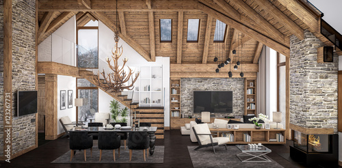 Fotografie, Obraz 3D rendering of living room of chalet