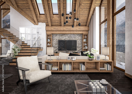 Fotografie, Obraz 3D rendering of living room of chalet