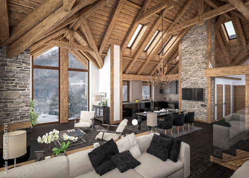 Fotografie, Obraz 3D rendering of living room of chalet