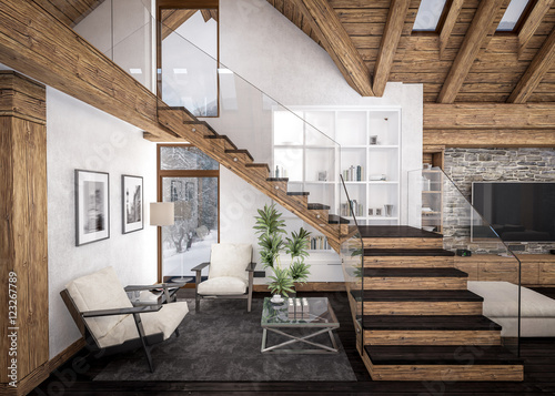 Fotografie, Obraz 3D rendering of living room of chalet